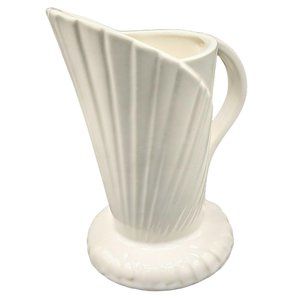 Art Deco White Pottery Shell Fan Pitcher Vase with Handle 7"